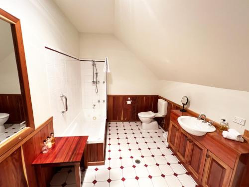 斯特拉恩Risby Cove Boutique Hotel的带淋浴、盥洗盆和卫生间的浴室