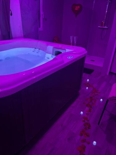 孔夫朗-圣奥诺里讷Jacuzzi privé arrivée autonome的紫色浴室设有粉红色照明的浴缸