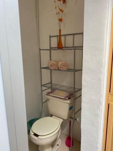 库埃纳瓦卡Quinta Ángeles的一间带卫生间的浴室和一个带毛巾的架子