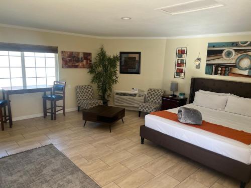 棕榈泉EDR Hotel - Adults Only & Clothing Optional的卧室配有一张床和一张桌子及椅子