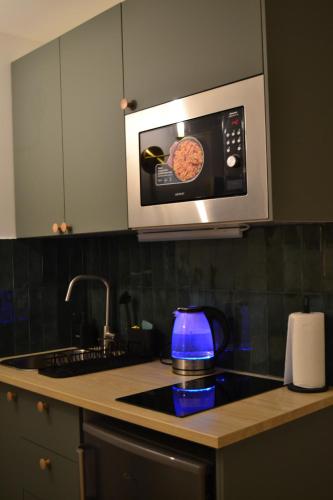 库尔布瓦Studio 88的厨房配有微波炉和炉灶