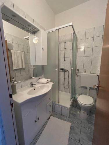 普莱克Pension Rušev的一间带水槽、卫生间和淋浴的浴室
