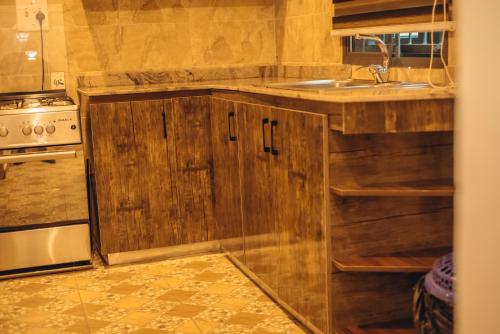卡杜纳Hols Apartments的一个带木制橱柜和水槽的厨房