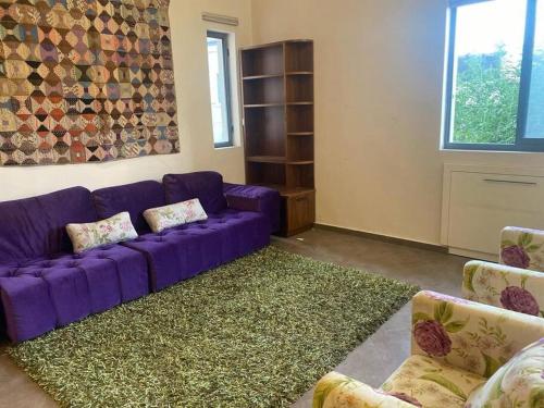 耶路撒冷Golden key的客厅配有紫色沙发和地毯。