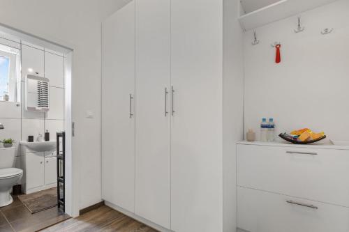 布拉迪斯拉发Air-conditioned Home Apartment Old Town的白色的浴室设有卫生间和水槽。