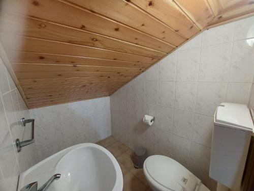 桑塔纳Maria's Cottage WiFi Park的一间带白色卫生间和木制天花板的浴室
