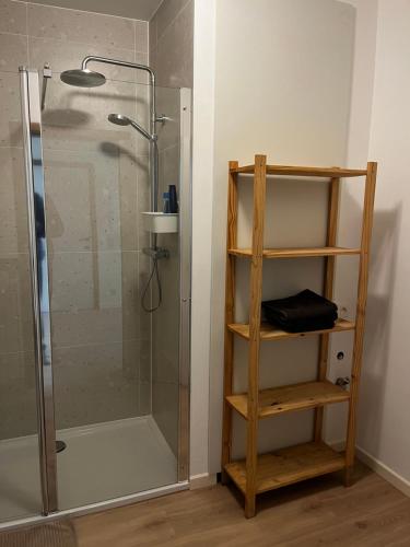 赫尔Budget Flex的带淋浴的浴室和木制架子
