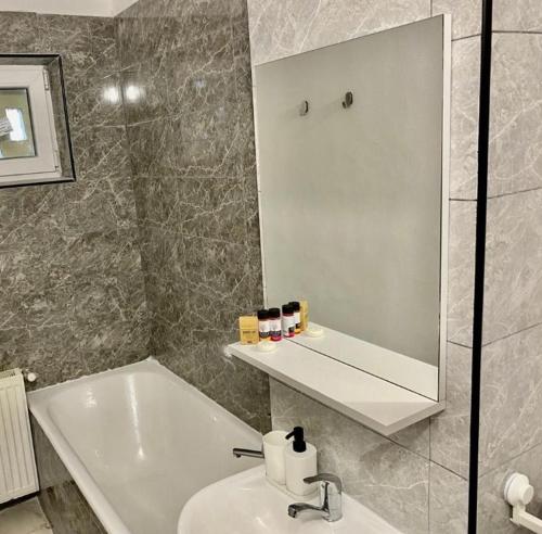 普洛耶什蒂Twins Apartments 2的浴室配有盥洗盆、镜子和浴缸