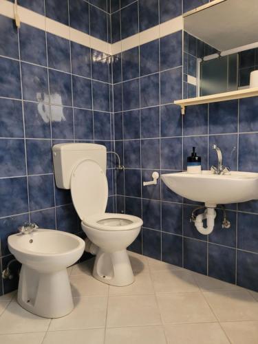 沃希Apartmani FILTEA的蓝色瓷砖浴室设有卫生间和水槽