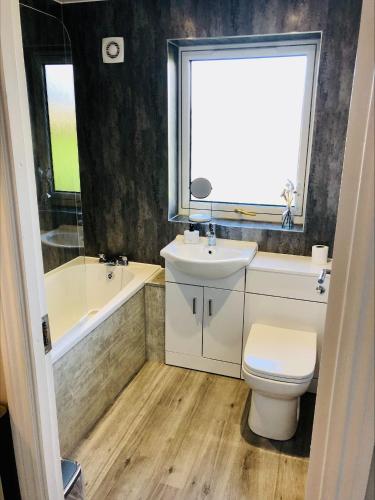 邓弗姆林Springbank Holiday Home的浴室配有盥洗盆、卫生间和浴缸。
