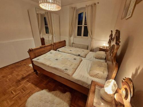 格拉茨Wohnen im Grünen的一间卧室配有一张床和一个吊灯