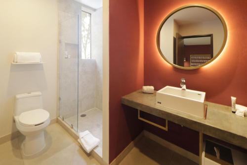 瓦哈卡市City Centro by Marriott Oaxaca的一间带卫生间、水槽和镜子的浴室