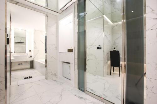 首尔Hotel Star Premier Yeoksam的带淋浴的浴室和玻璃门