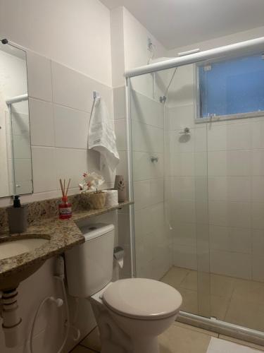 圣佩德罗-达阿尔德亚Apartamento em Condomínio Marinas Clube的带淋浴、卫生间和盥洗盆的浴室