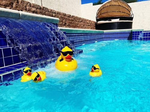 拉斯维加斯J’s amazing pool and hot Jaccuzi sweet house的三只橡皮鸭在游泳池游泳