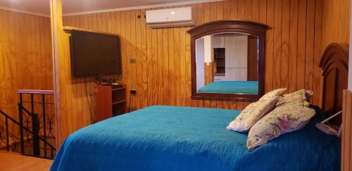 皮尔克Escapada romántica的一间卧室配有一张带镜子的床和一台电视