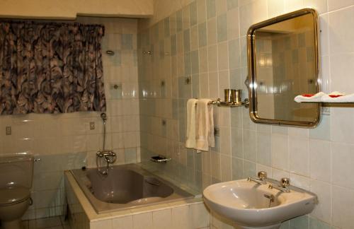 库马西Four Villages Inn的一间带水槽、浴缸和镜子的浴室