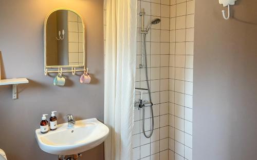 维斯特罗哈文Hotel Strandgaarden的浴室配有盥洗盆和带镜子的淋浴