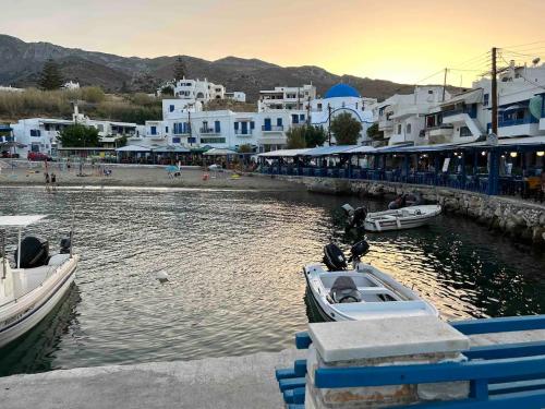 阿波罗Cozy Studio in Beautiful Apollonas Beach Naxos的船停靠在河里,有建筑物