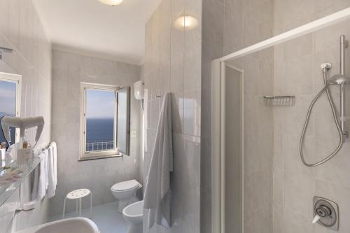 马萨鲁布朗斯Hotel Villa Lubrense Sorrento的带淋浴、卫生间和盥洗盆的浴室