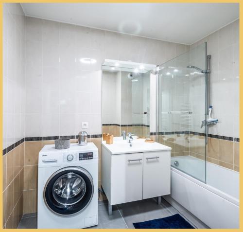 圣朱利安恩因Appartement T2 Moderne St Julien的一间带洗衣机和水槽的浴室