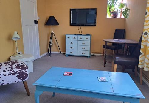 欧弗斯特兰德The Flat at Conway House的客厅配有蓝色咖啡桌和电视