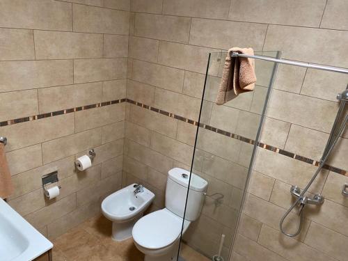 普拉亚布兰卡Las Brisas, Villa 98的浴室配有卫生间、盥洗盆和淋浴。