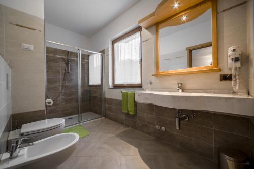 利维尼奥Chalet Alpine Dream的一间带水槽、淋浴和卫生间的浴室