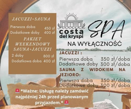 CholerzynCosta del Kryspi Całoroczne Domy na Wodzie的 ⁇ 陀罗的餐馆菜单
