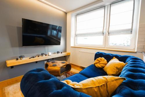 扎科帕内Na Bogówce的客厅配有蓝色的沙发和电视