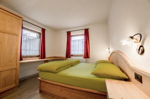 利维尼奥Chalet Alpine Dream的一间卧室设有绿色的床和2个窗户。
