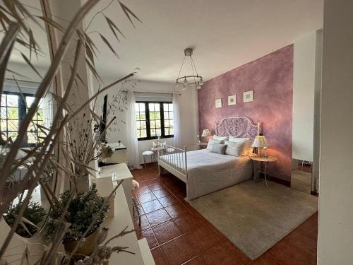 蒂亚斯Habitación Dache Lanzarote的一间卧室配有一张床和粉红色的墙壁