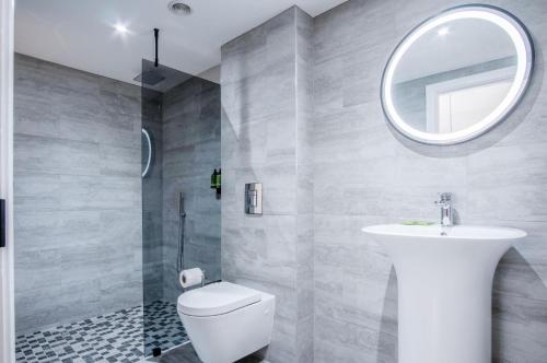 布雷肯Suite 12 - Sleeping Giant Hotel - Pen Y Cae Inn的一间带卫生间、水槽和镜子的浴室