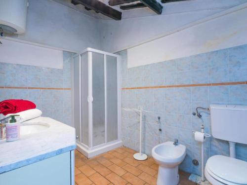 蒙泰卡蒂尼瓦尔迪切奇纳Casa Zia Seconda的蓝色的浴室设有卫生间和水槽