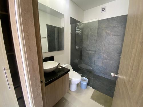 卡塔赫纳Apartamento piso 26的浴室配有卫生间、盥洗盆和淋浴。