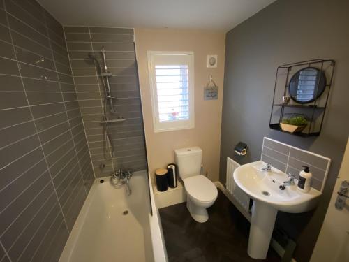 伯特利Modern Home Birtley的浴室配有卫生间、盥洗盆和淋浴。
