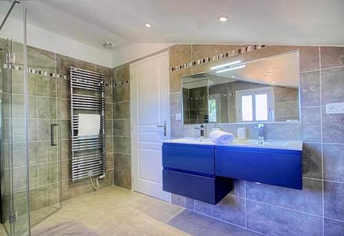 卡伦扎纳Villa terranga的浴室配有蓝色水槽和淋浴。