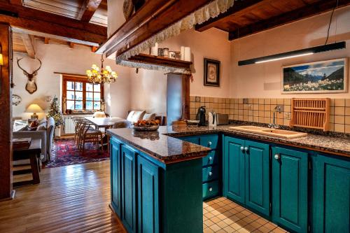 奥尔迪诺Pleta Ordino 51, Duplex rustico con chimenea, Ordino, zona Vallnord的一间设有蓝色橱柜的厨房和一间客厅