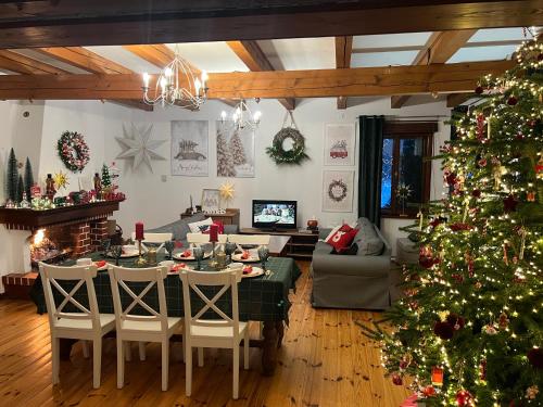 StudzieniceStraszny dom na Kaszubach的客厅配有圣诞树和桌椅