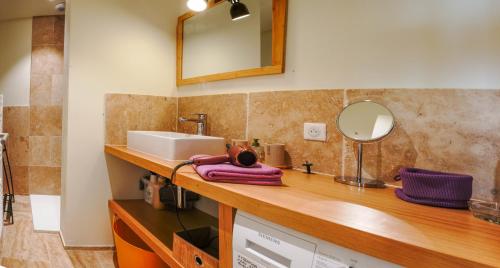 马洛塞讷CoucouVentoux的浴室设有水槽和镜子,位于柜台上