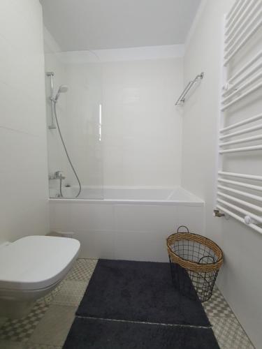 布拉索夫GREEN Apartment Coresi的白色的浴室设有卫生间和淋浴。