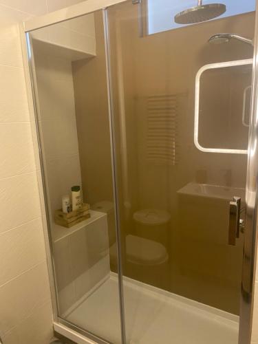 波尔图Fabrica Apart的浴室设有淋浴、卫生间和水槽。