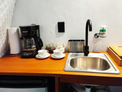 蒙泰韦尔德哥斯达黎加Glamping Karl的厨房柜台配有水槽和咖啡壶