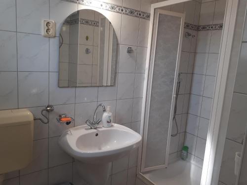 扎马迪Balaton 116的浴室配有盥洗盆和带镜子的淋浴