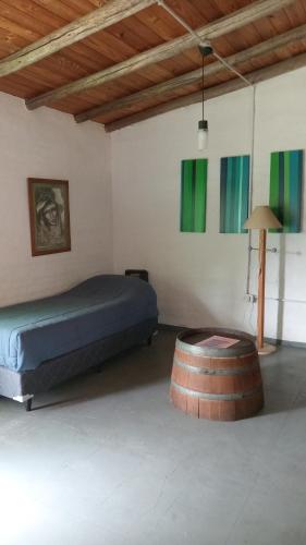 波特雷里约斯Tiempo de Bienestar的一间卧室设有一张床和木制天花板