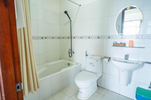 岘港Lyly的浴室配有卫生间、浴缸和水槽。