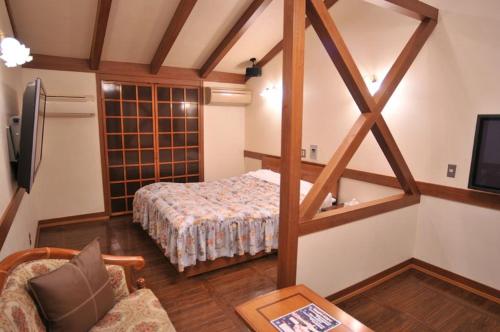 Mitakeパリセーヌ的客房设有床、沙发和电视。