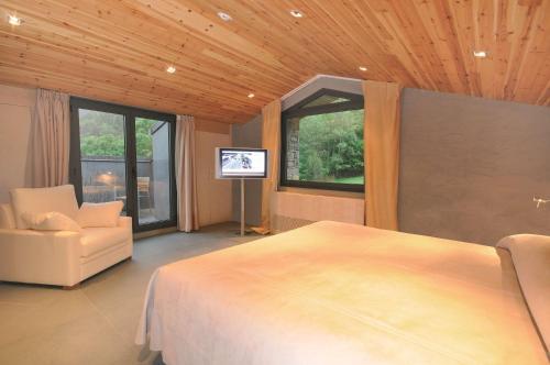 马萨纳NH Collection Andorra Palomé的一间卧室配有一张床、一把椅子和电视