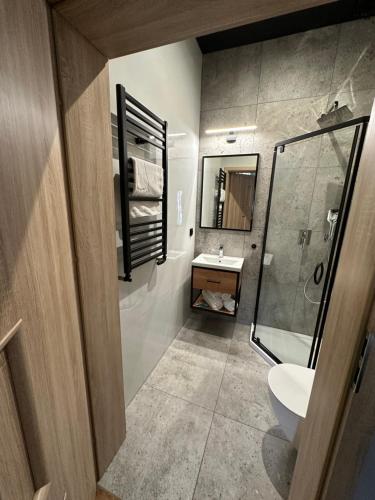 科希强Hotel Nenufar Premium的浴室配有卫生间、盥洗盆和淋浴。