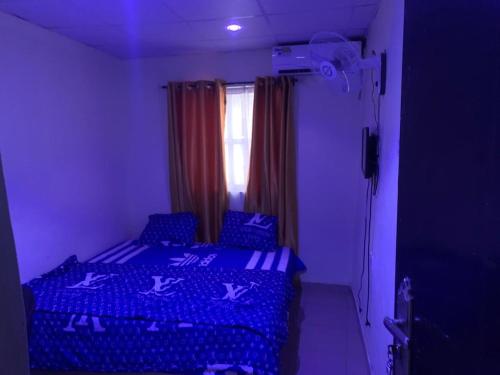 Ado EkitiTSG Hotel的一间卧室配有一张带蓝色床单的床和一扇窗户。